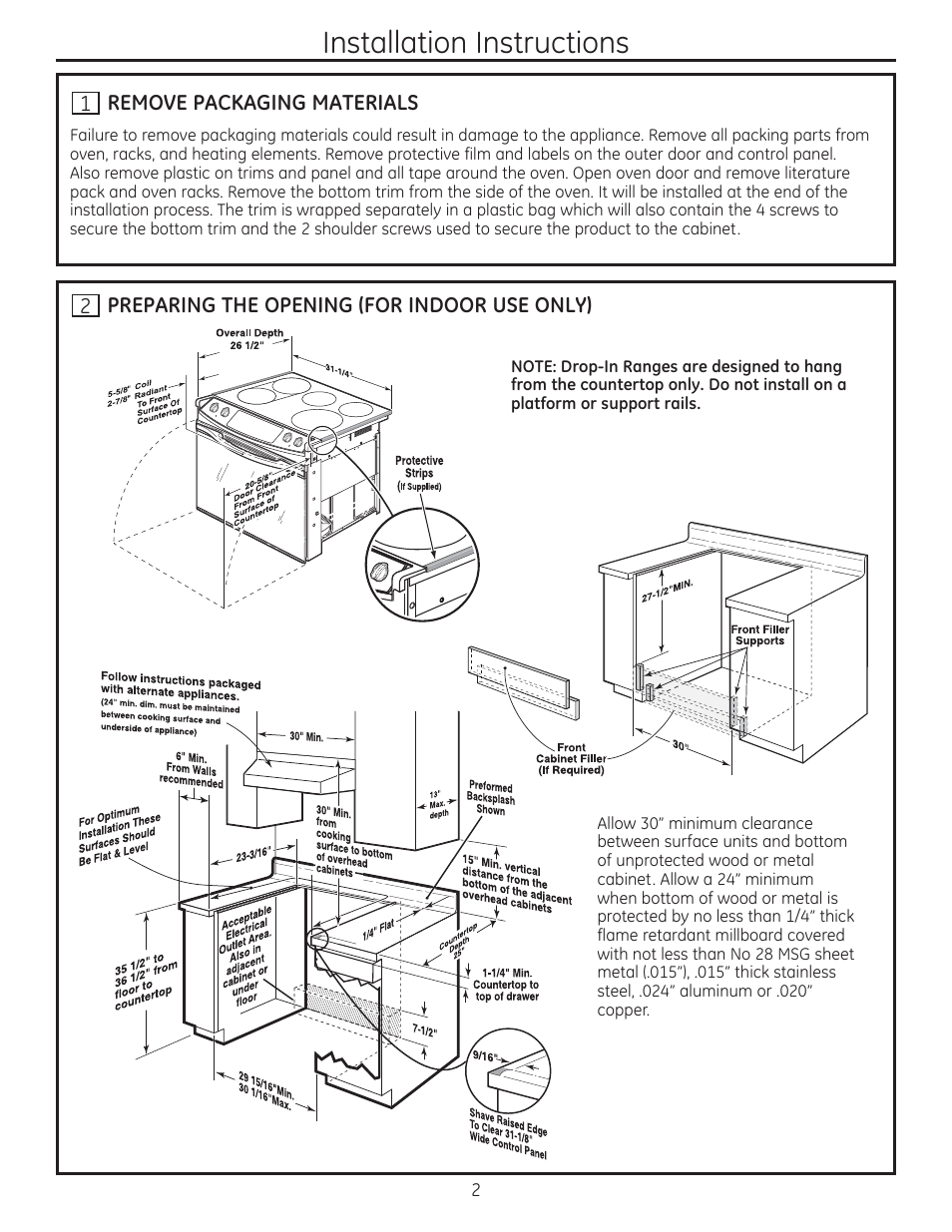 It] remove packaging materials, It] preparing the opening (for indoor use only), Sii36 | Installation instructions | GE JD750SFSS User Manual | Page 2 / 24