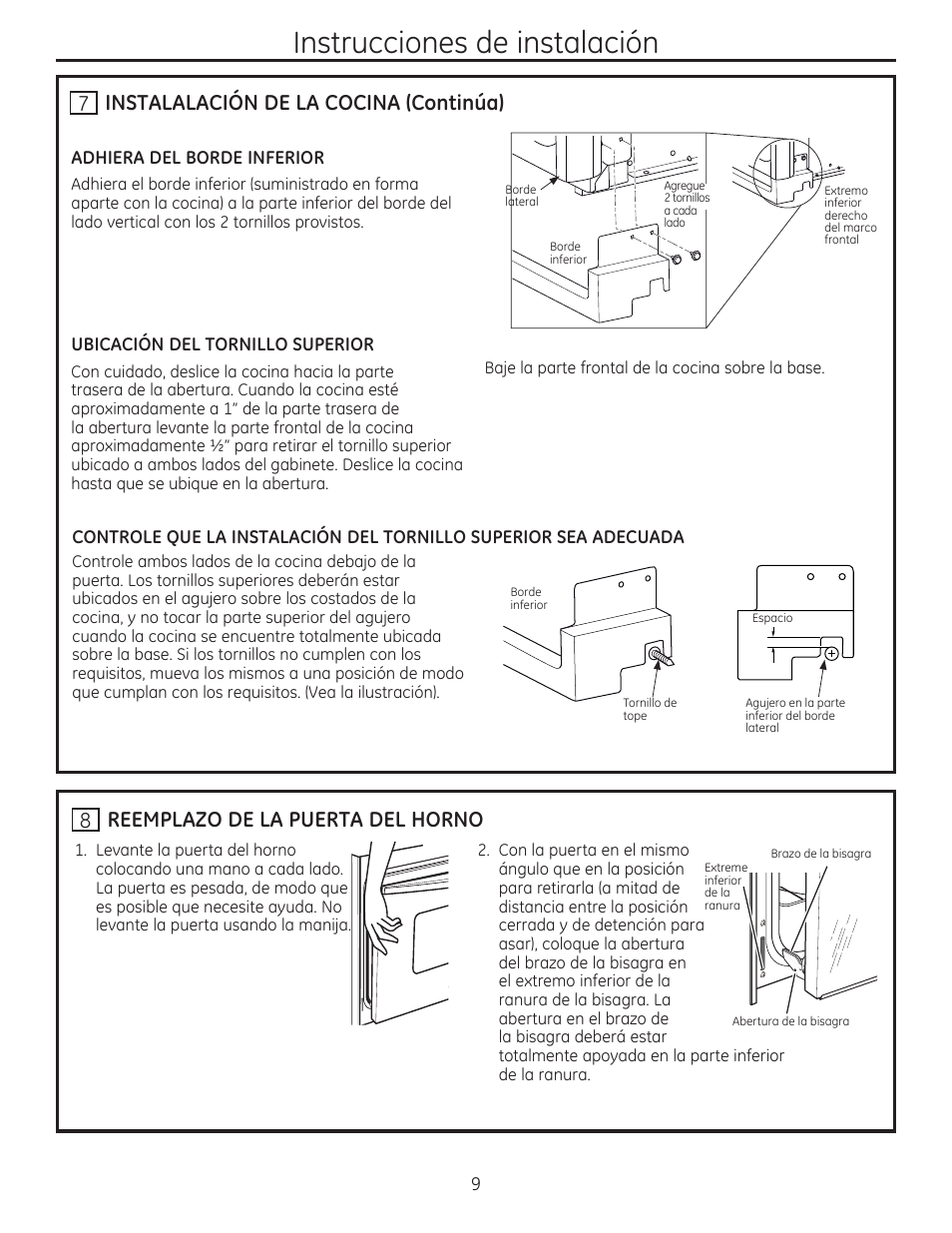 H instalalación de la cocina (continúa), 8 reemplazo de la puerta del horno, Instrucciones de instalación | GE JD750SFSS User Manual | Page 21 / 24