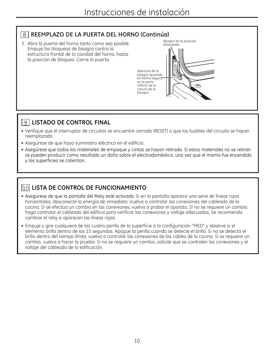 8 reemplazo de la puerta del horno (continúa), Listado de control final, 10 lista de control de funcionamiento | Instrucciones de instalación | GE JD750SFSS User Manual | Page 22 / 24