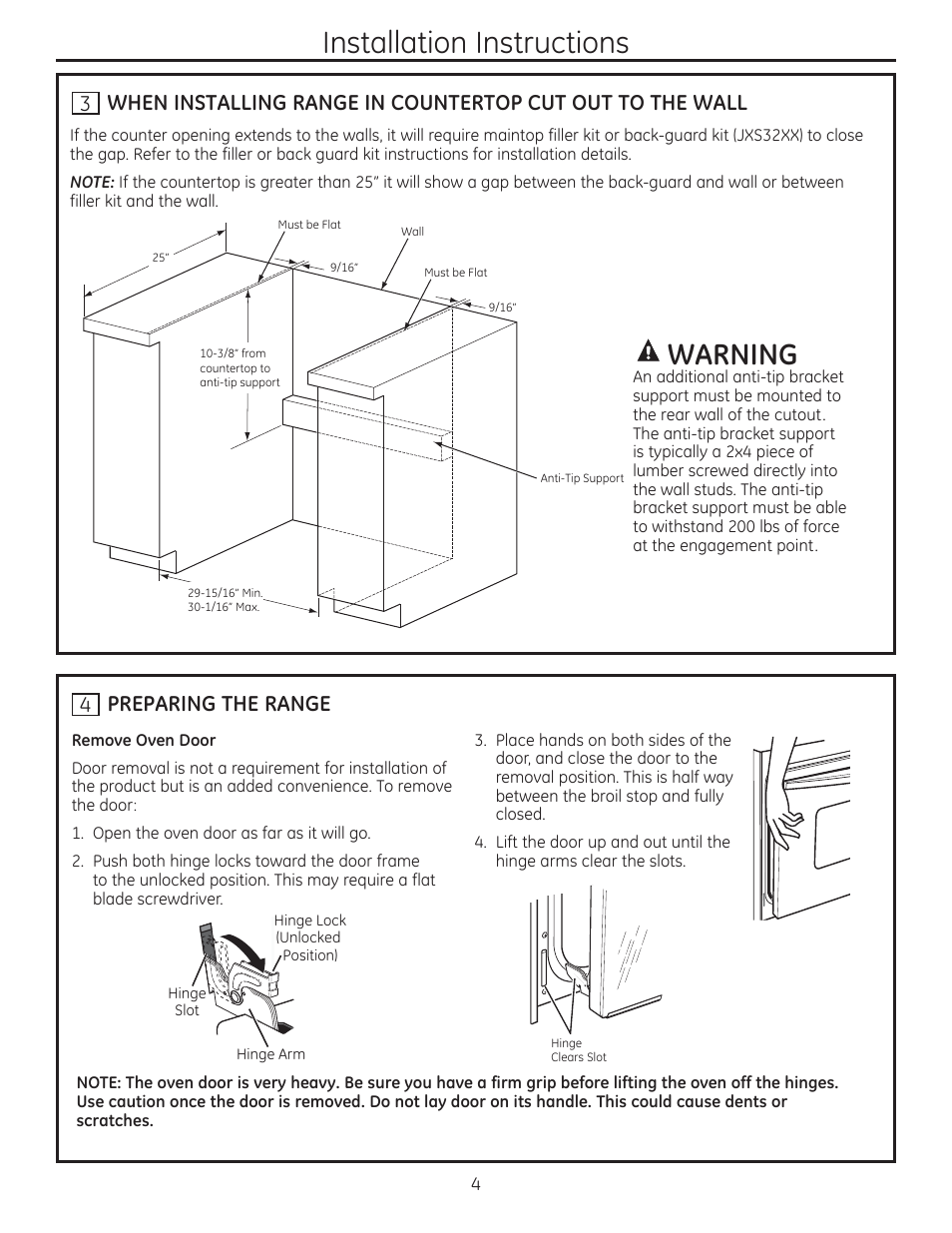 Installation instructions, A warning | GE JD750SFSS User Manual | Page 4 / 24