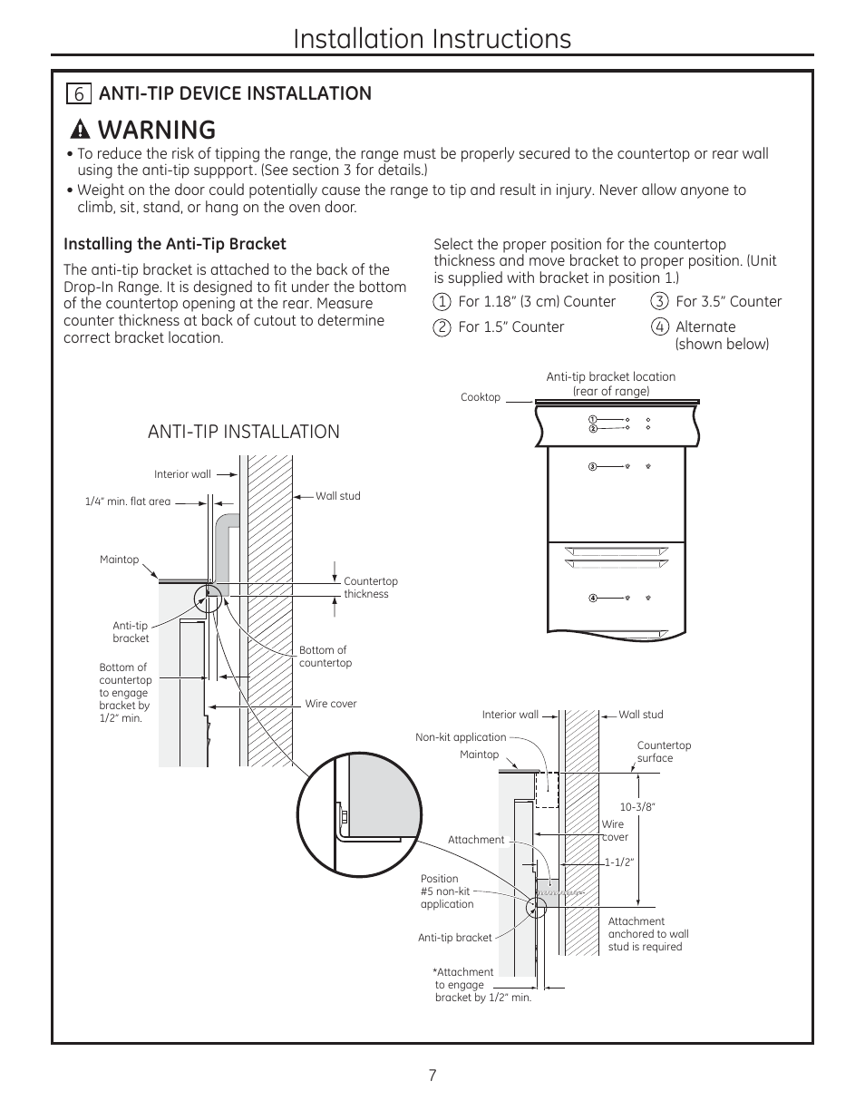 6 anti-tip device installation, Installation instructions, A warning | GE JD750SFSS User Manual | Page 7 / 24