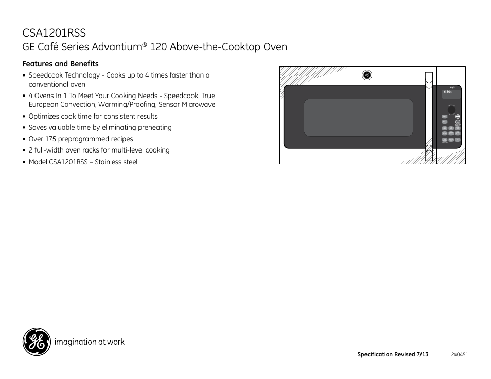 Ge café series advantium, 120 above-the-cooktop oven, Csa1201rss | Features and benefits, Tur n to select press to enter, Peed, Ooking, Ptions, Urface, Ight | GE CSA1201RSS User Manual | Page 3 / 3