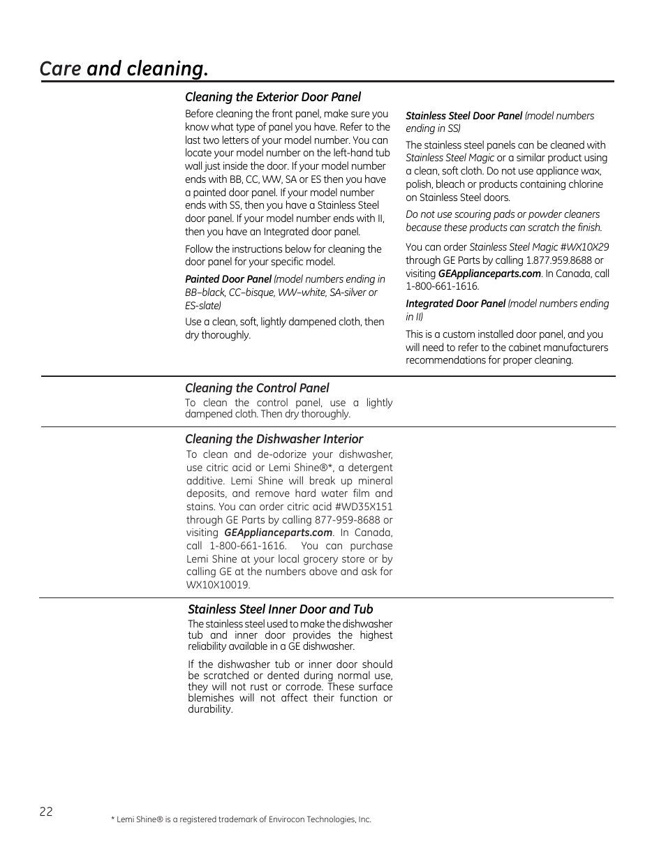 Care and cleaning | GE PDT760SIFII User Manual | Page 22 / 96