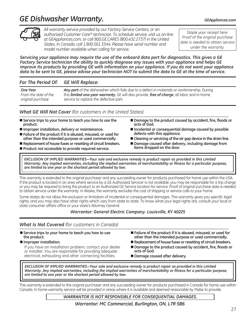 Ge dishwasher warranty | GE PDT760SIFII User Manual | Page 27 / 96