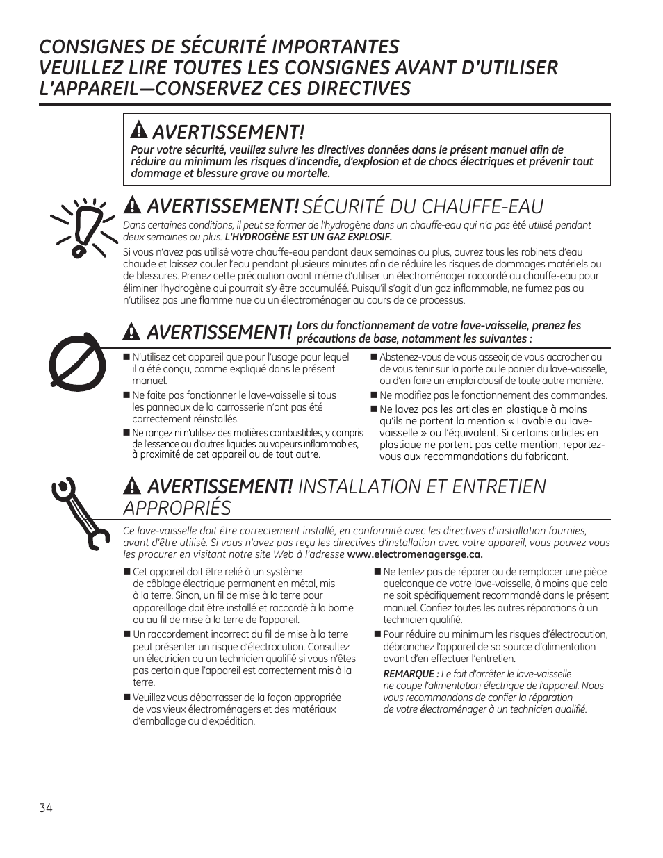 Sécurité du chauffe-eau installation et entretien, Avertissement, Avertissement! appropriés | GE PDT760SIFII User Manual | Page 34 / 96