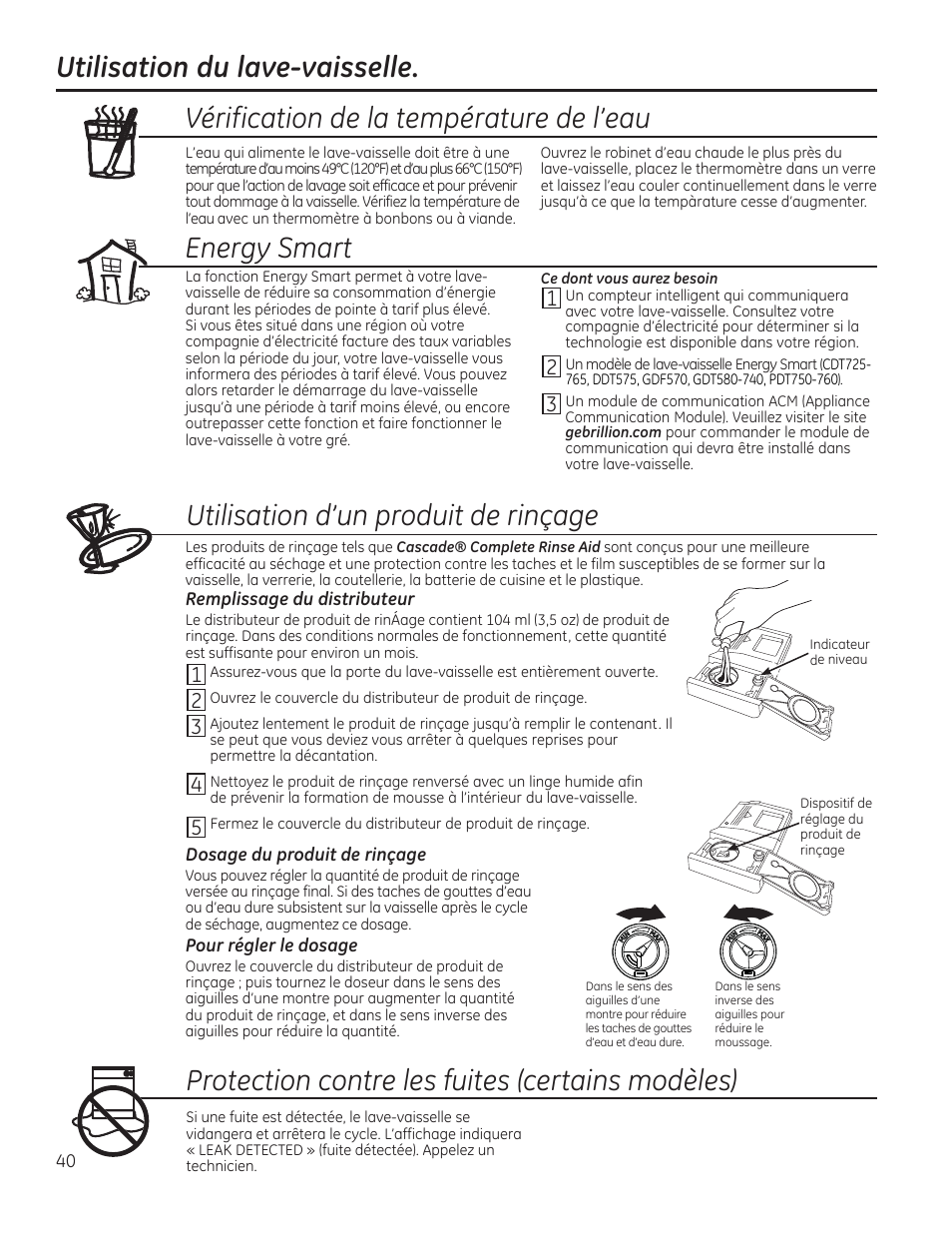 Energy smart, Protection contre les fuites (certains modèles) | GE PDT760SIFII User Manual | Page 40 / 96