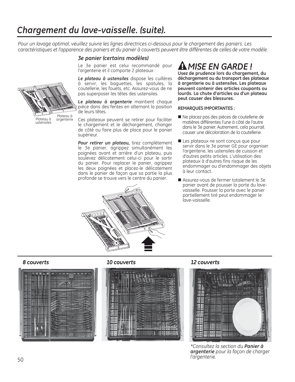 Chargement du lave-vaisselle. (suite), Mise en garde | GE PDT760SIFII User Manual | Page 50 / 96