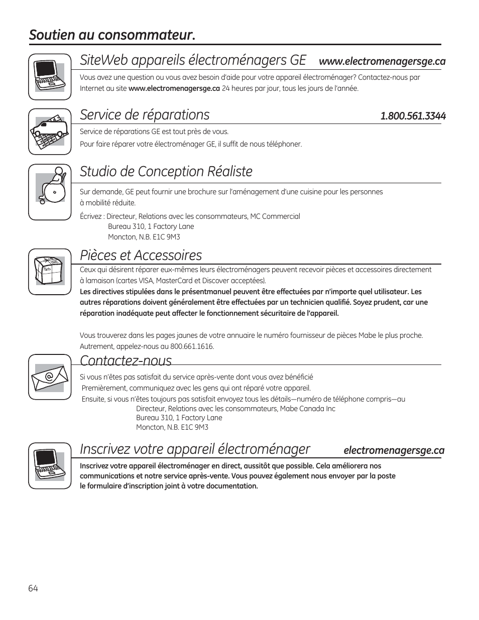 Pièces et accessoires, Siteweb appareils électroménagers ge, Service de réparations | Contactez-nous, Inscrivez votre appareil électroménager | GE PDT760SIFII User Manual | Page 64 / 96