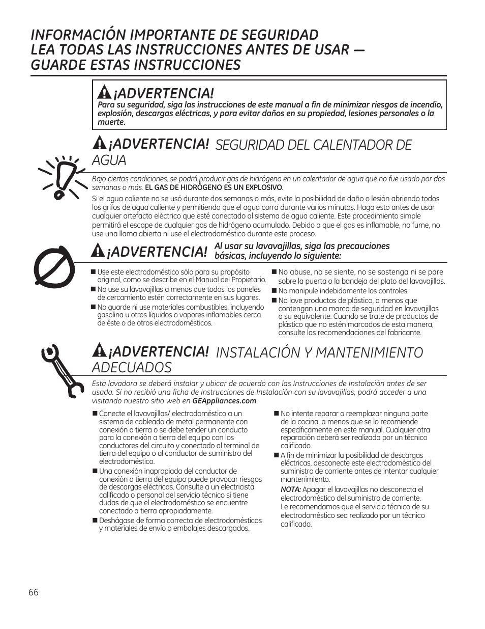 Advertencia, Adecuados ¡advertencia! ¡advertencia | GE PDT760SIFII User Manual | Page 66 / 96