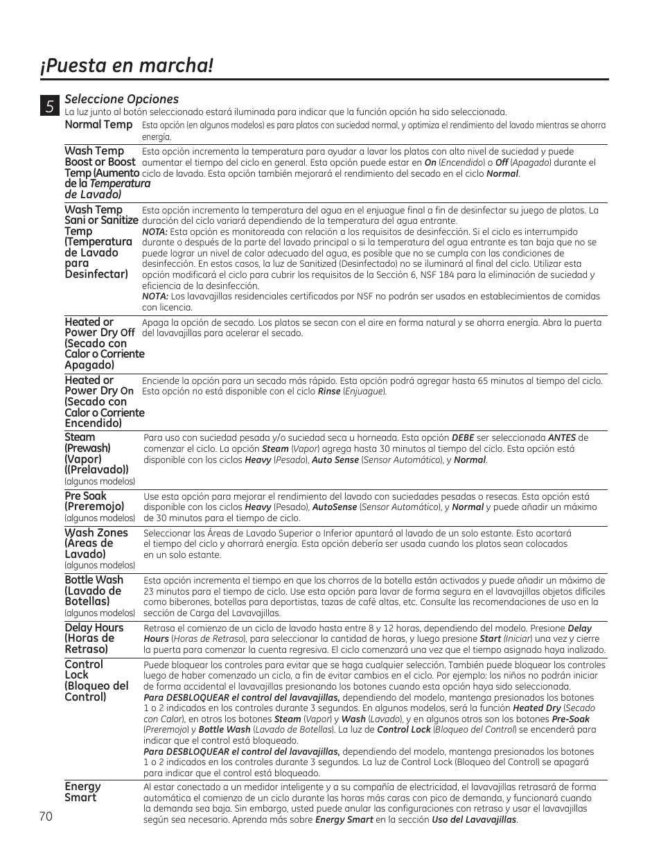 Puesta en marcha | GE PDT760SIFII User Manual | Page 70 / 96