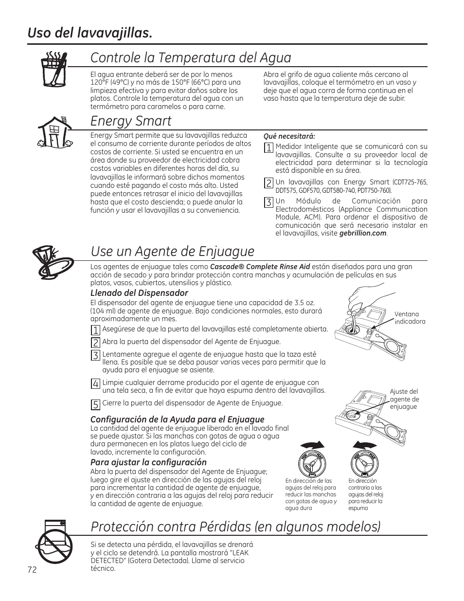 Energy smart, Protección contra pérdidas (en algunos modelos) | GE PDT760SIFII User Manual | Page 72 / 96