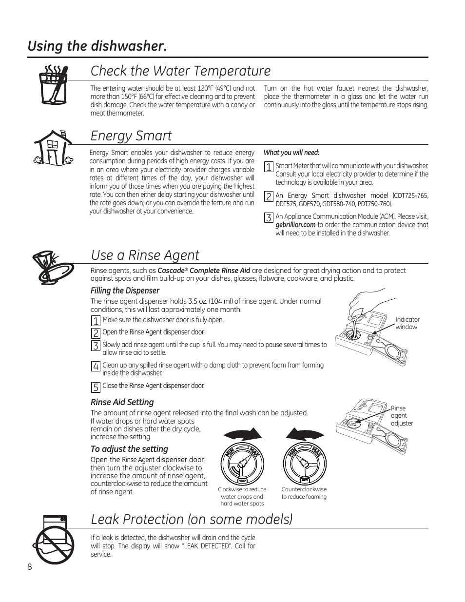 Energy smart, Leak protection (on some models) | GE PDT760SIFII User Manual | Page 8 / 96