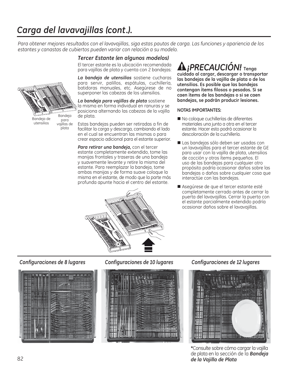 Carga del lavavajillas (cont.), Precaución | GE PDT760SIFII User Manual | Page 82 / 96