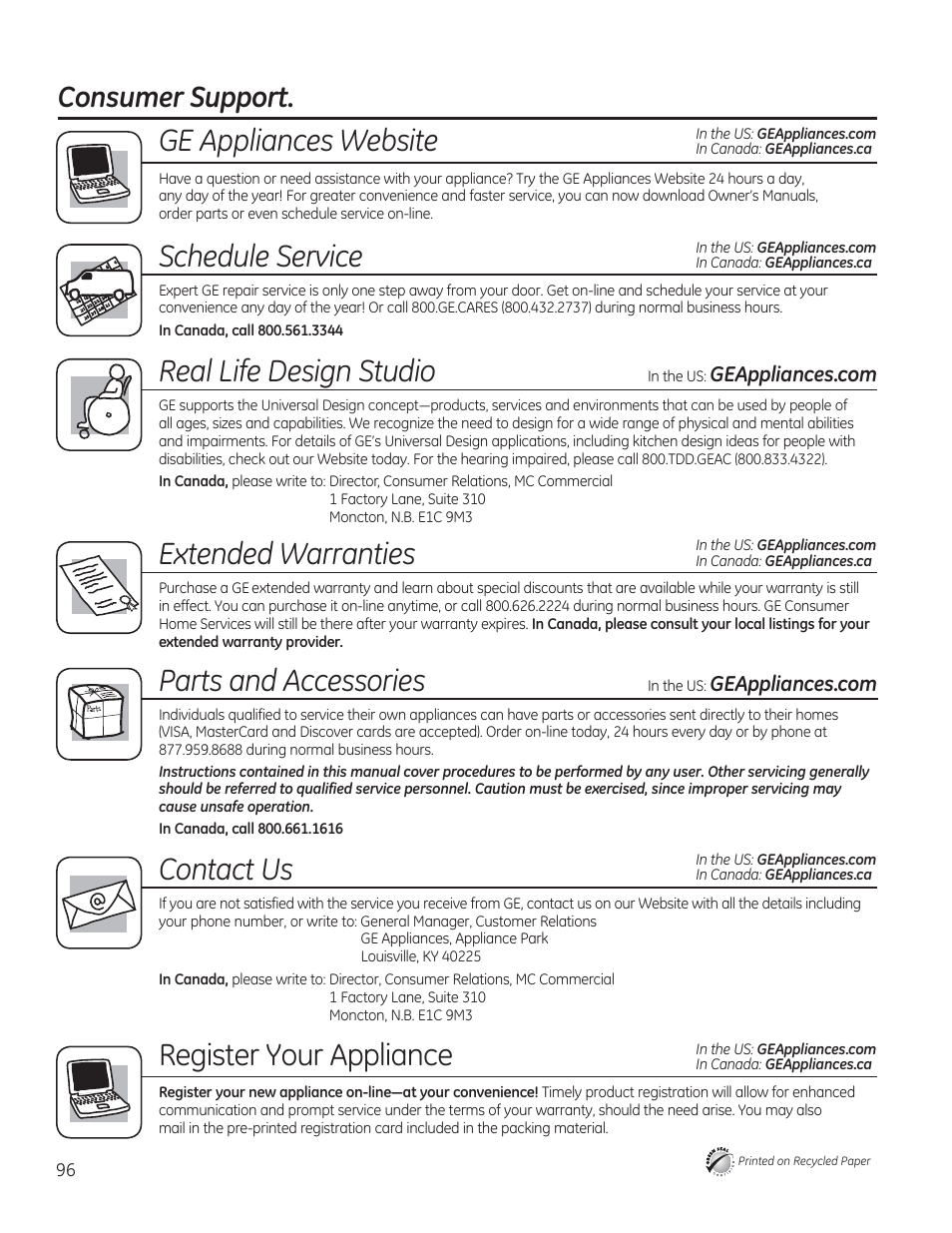 Ge appliances website, Schedule service, Real life design studio | Extended warranties, Parts and accessories, Contact us, Register your appliance, Consumer support | GE PDT760SIFII User Manual | Page 96 / 96