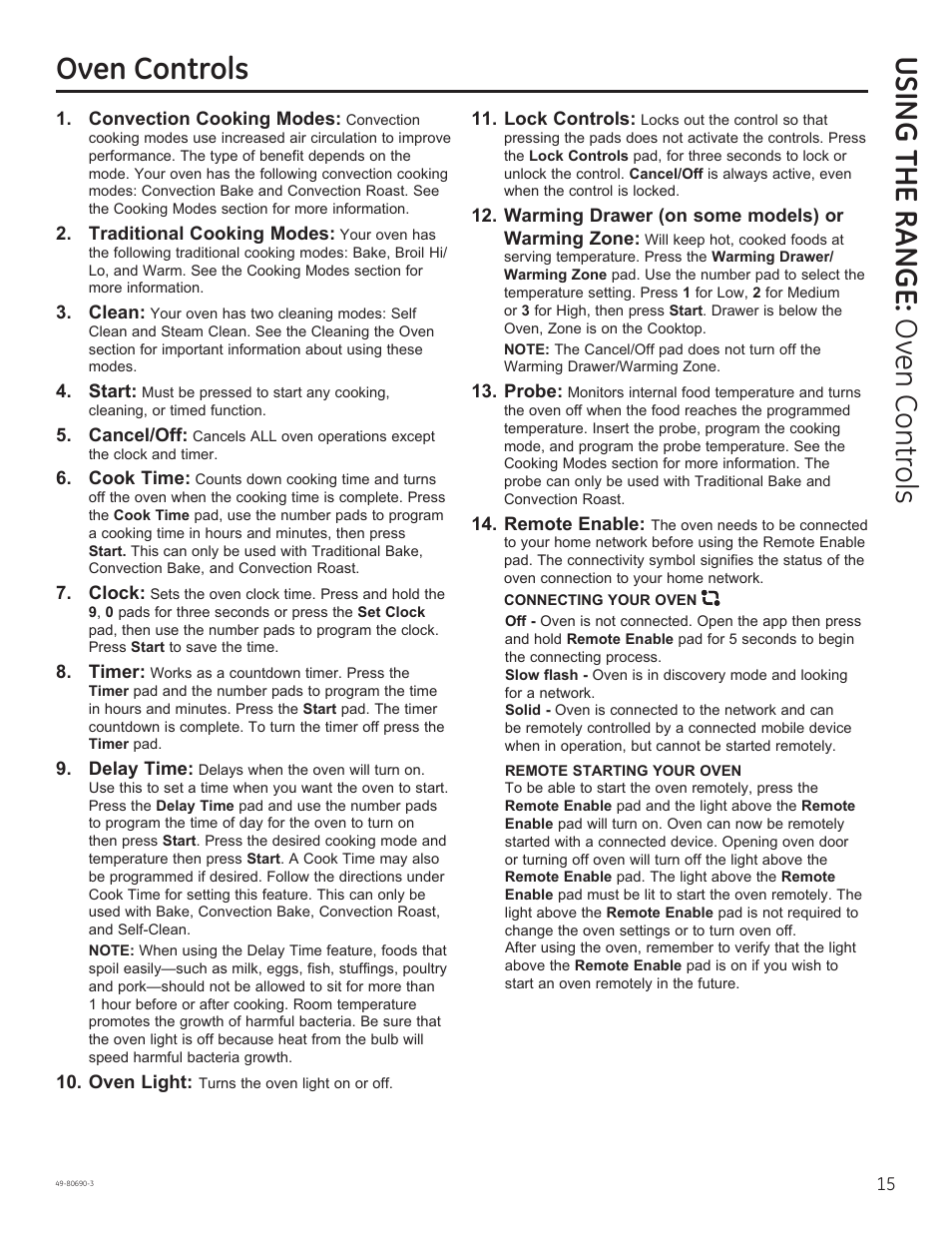 Using the range: o ven contr ols oven controls | GE JS750DFWW User Manual | Page 15 / 64