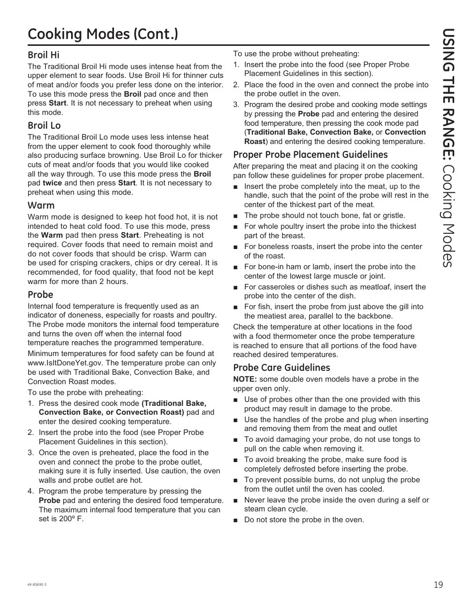 Using the range: cook ing modes, Cooking modes (cont.) | GE JS750DFWW User Manual | Page 19 / 64