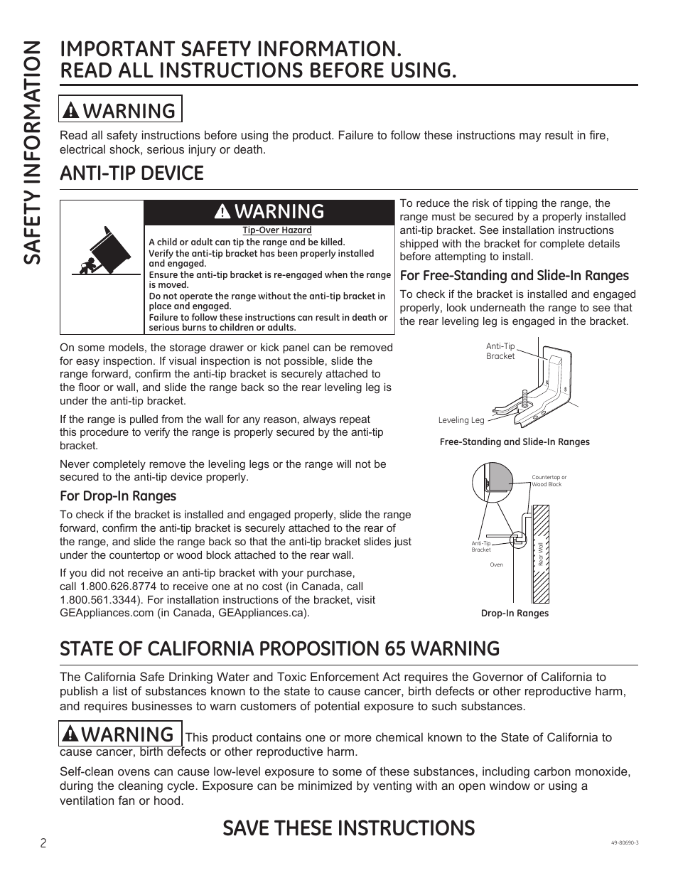 Safe ty informa tion, Save these instructions, Warning | GE JS750DFWW User Manual | Page 2 / 64