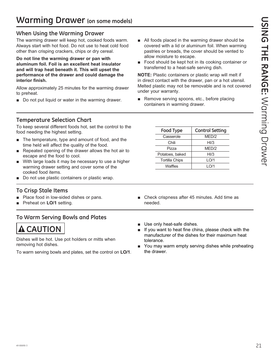 Using the range: warming draw er, Warming drawer, Caution | When using the warming drawer, Temperature selection chart, On some models) | GE JS750DFWW User Manual | Page 21 / 64