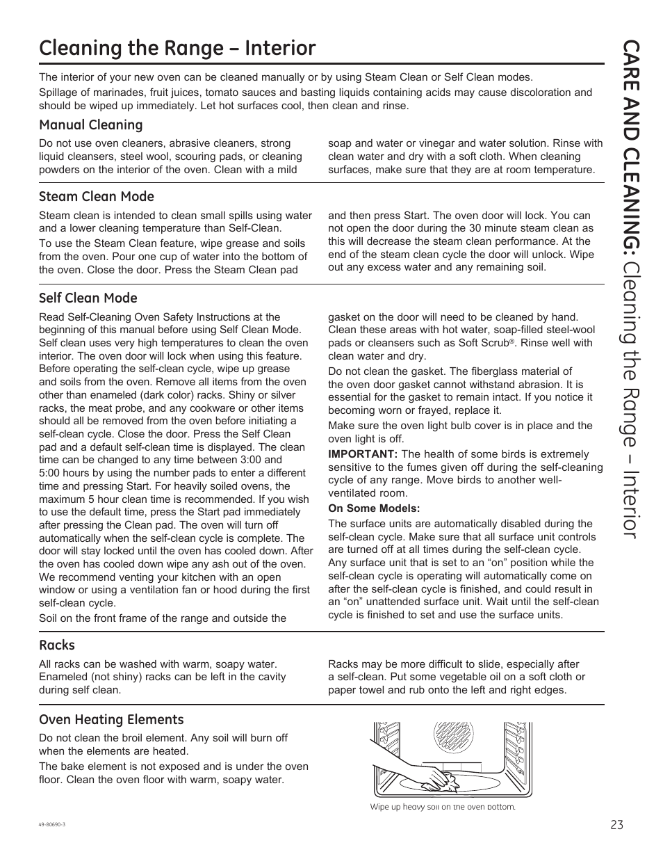 Care and cle aning: cleaning the range – interior, Cleaning the range – interior | GE JS750DFWW User Manual | Page 23 / 64