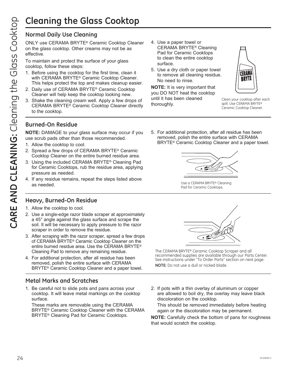 Care and cle aning: cleaning the glass cooktop, Cleaning the glass cooktop, Normal daily use cleaning | Metal marks and scratches, Burned-on residue, Heavy, burned-on residue | GE JS750DFWW User Manual | Page 24 / 64