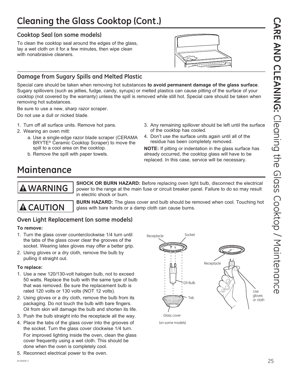 Cleaning the glass cooktop (cont.) maintenance, Warning, Caution | GE JS750DFWW User Manual | Page 25 / 64