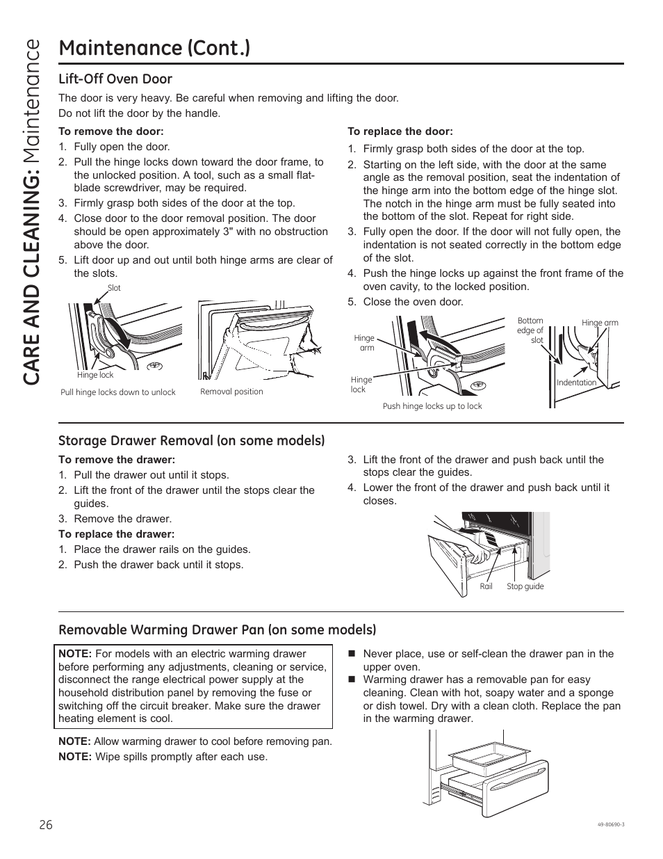 Care and cle aning: maintenance, Maintenance (cont.), Lift-off oven door | Storage drawer removal (on some models), Removable warming drawer pan (on some models) | GE JS750DFWW User Manual | Page 26 / 64