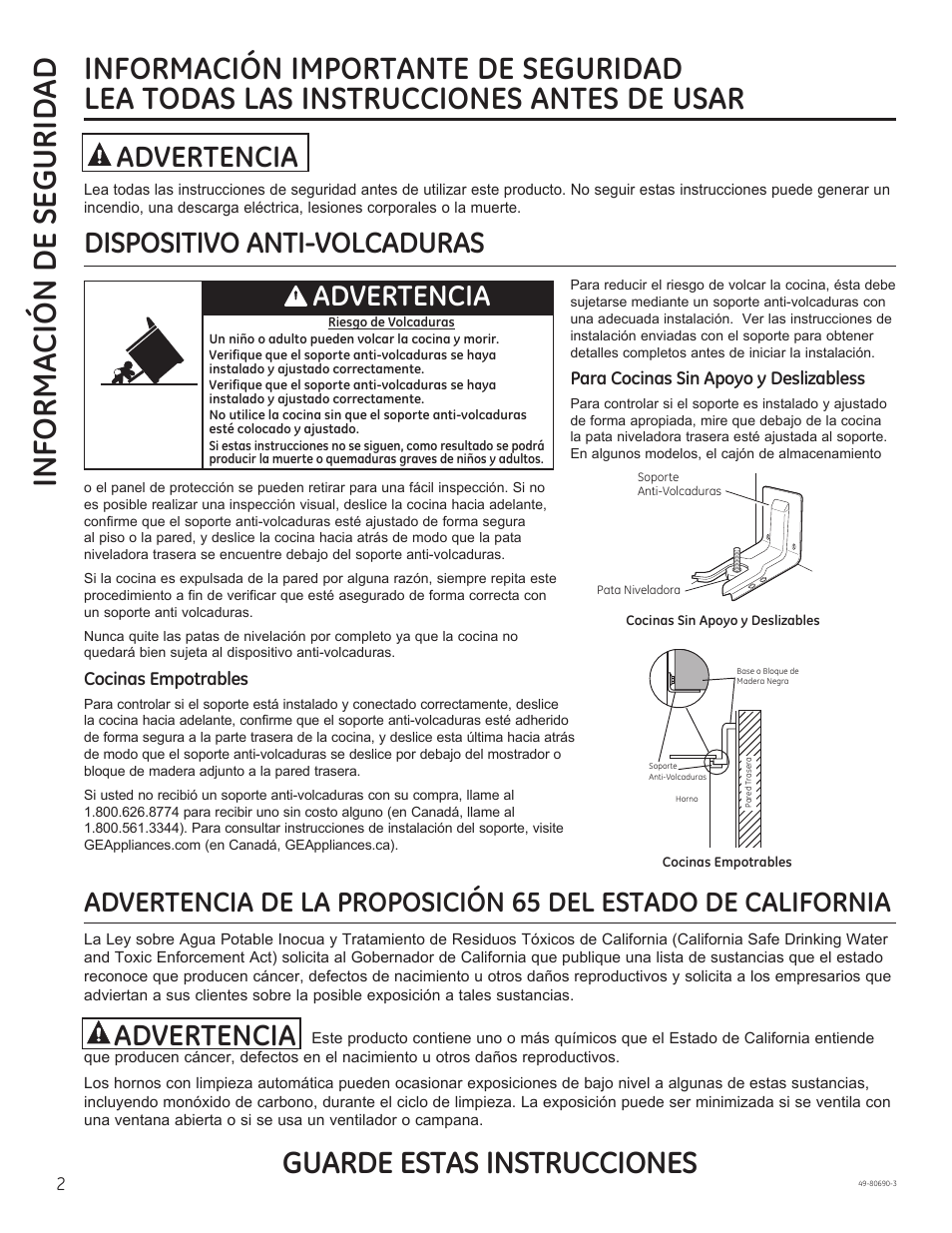 Informa ción de segurid ad, Dispositivo anti-volcaduras advertencia, Advertencia | GE JS750DFWW User Manual | Page 34 / 64