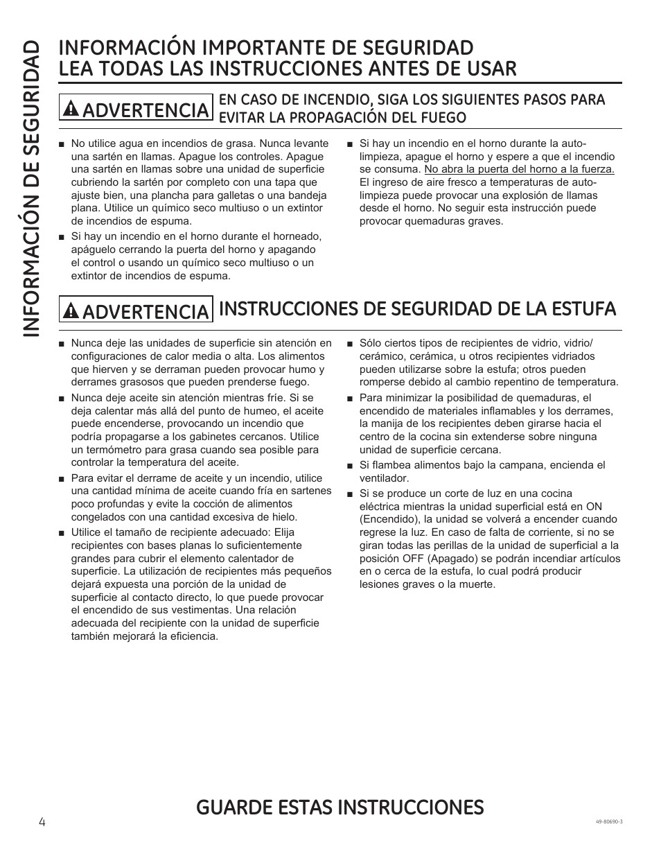 Informa ción de segurid ad, Guarde estas instrucciones, Instrucciones de seguridad de la estufa | Advertencia | GE JS750DFWW User Manual | Page 36 / 64