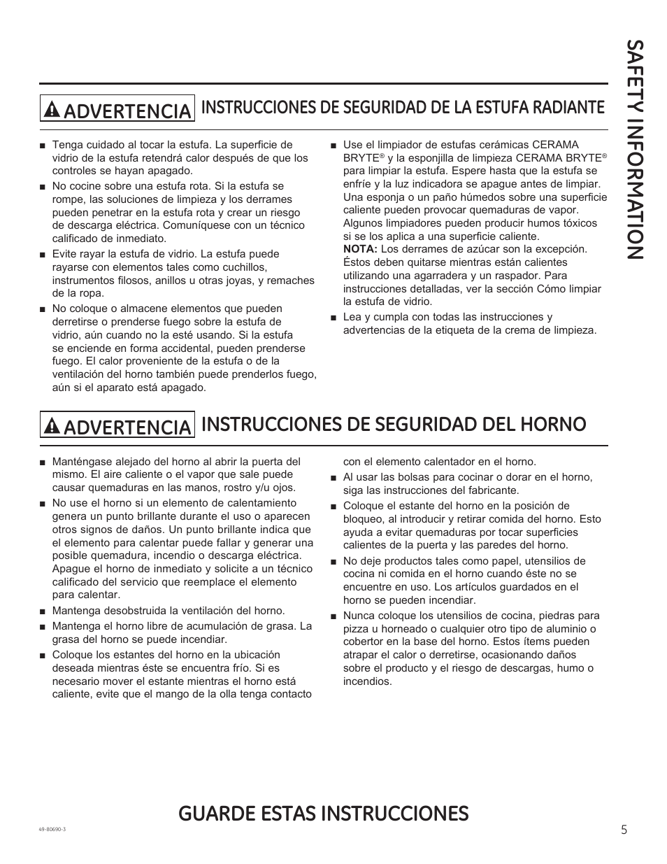 Safe ty informa tion, Guarde estas instrucciones, Instrucciones de seguridad del horno | Advertencia, Instrucciones de seguridad de la estufa radiante | GE JS750DFWW User Manual | Page 37 / 64