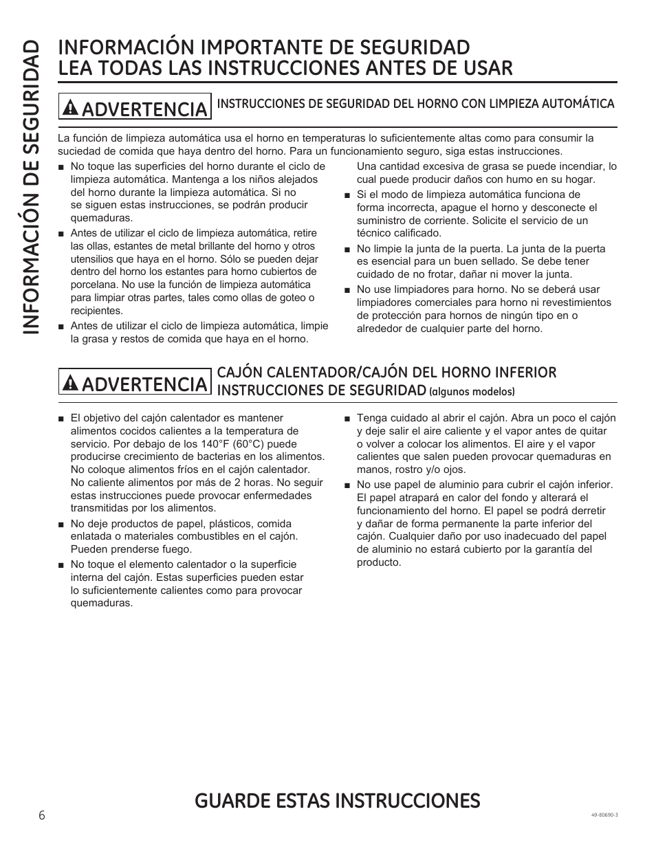 Informa ción de segurid ad, Guarde estas instrucciones, Advertencia | GE JS750DFWW User Manual | Page 38 / 64
