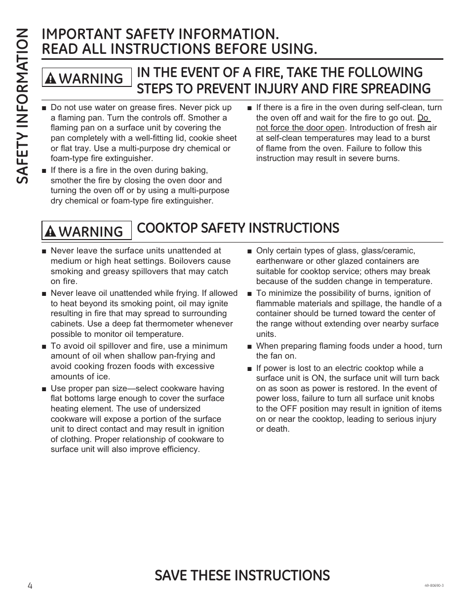 Safe ty informa tion, Save these instructions, Cooktop safety instructions warning | GE JS750DFWW User Manual | Page 4 / 64