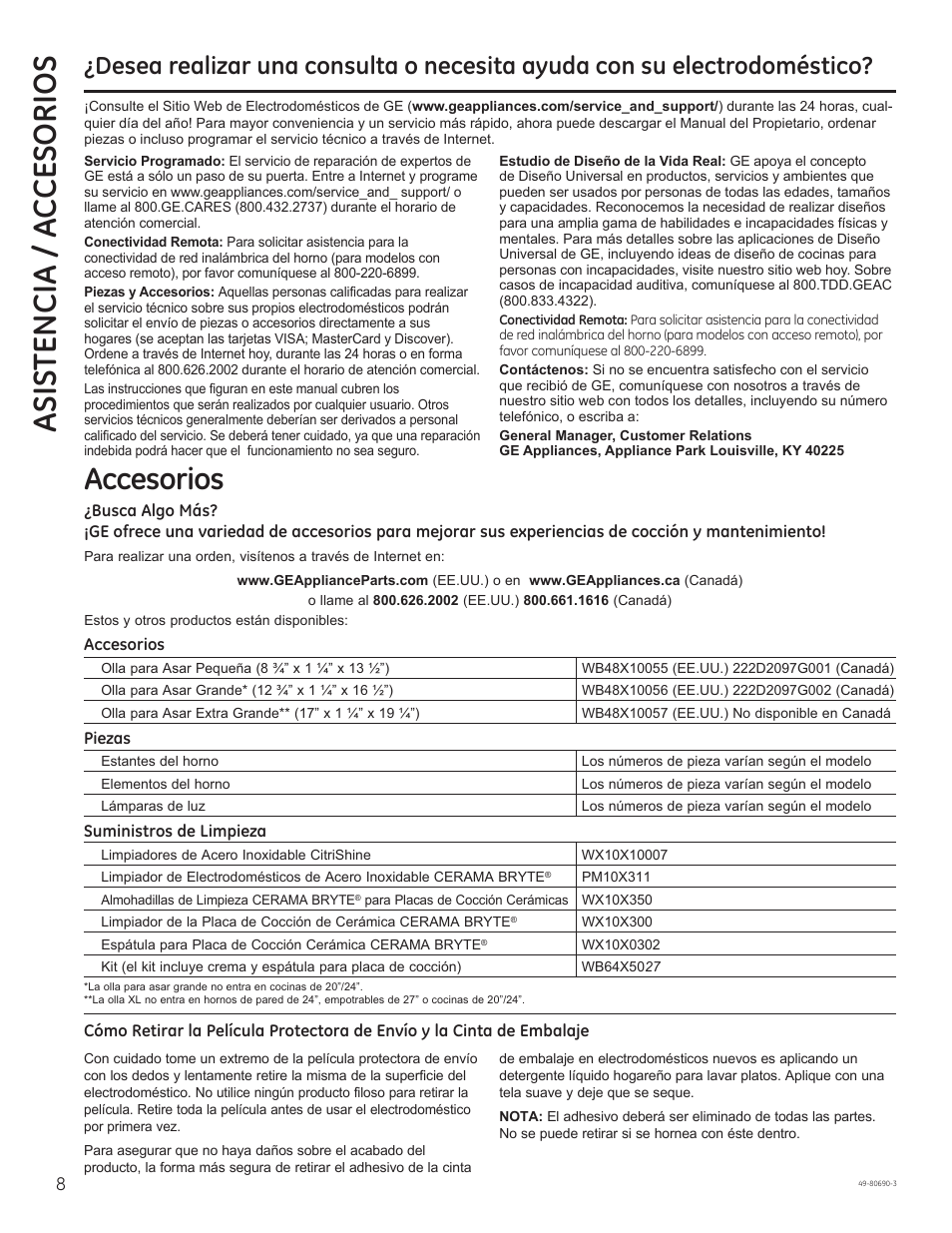 Asistencia / a c cesorios, Accesorios | GE JS750DFWW User Manual | Page 40 / 64