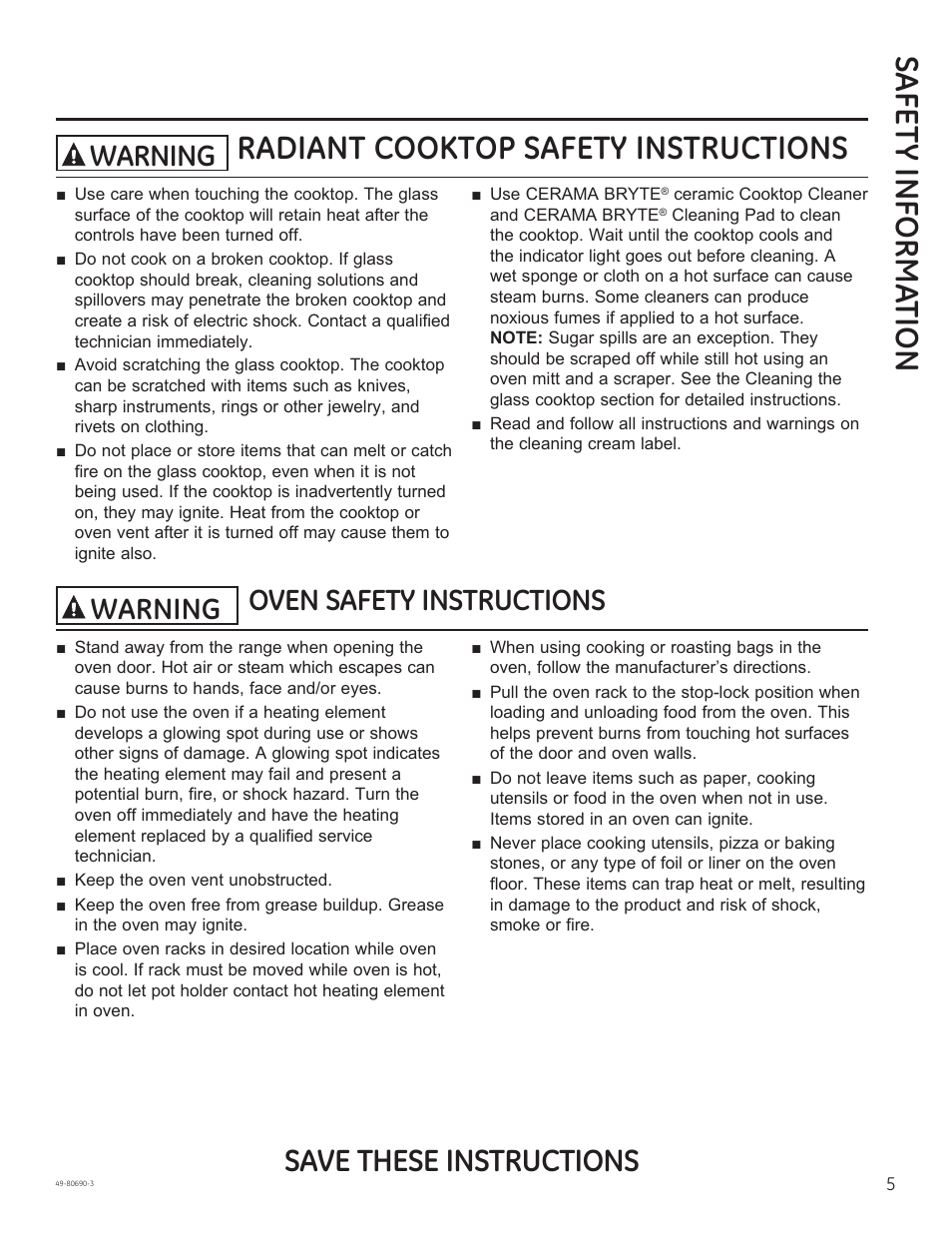 Safe ty informa tion, Radiant cooktop safety instructions, Save these instructions | Oven safety instructions warning, Warning | GE JS750DFWW User Manual | Page 5 / 64