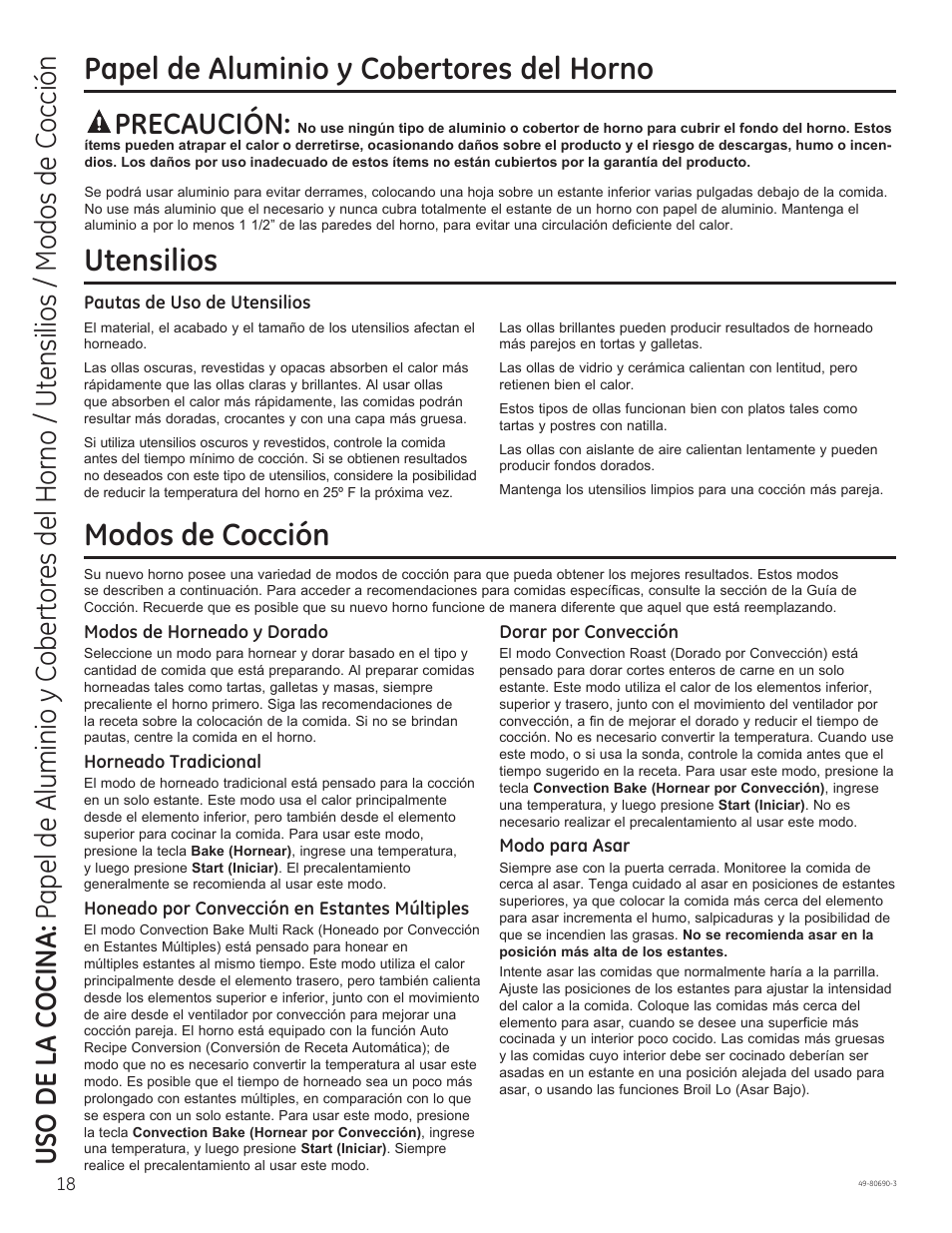 Utensilios, Modos de cocción, Papel de aluminio y cobertores del horno | Precaución | GE JS750DFWW User Manual | Page 50 / 64