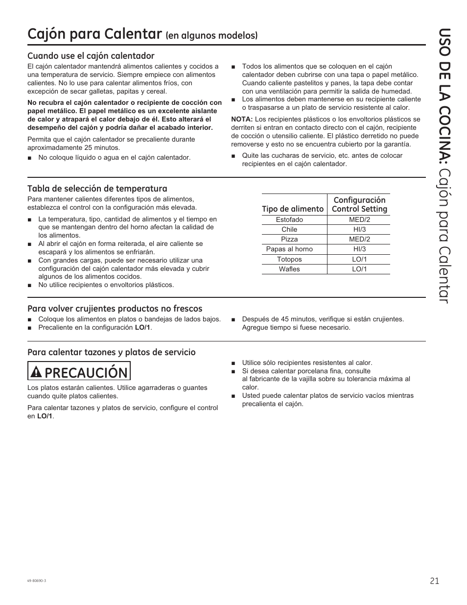 Cajón para calentar, Precaución, En algunos modelos) | GE JS750DFWW User Manual | Page 53 / 64