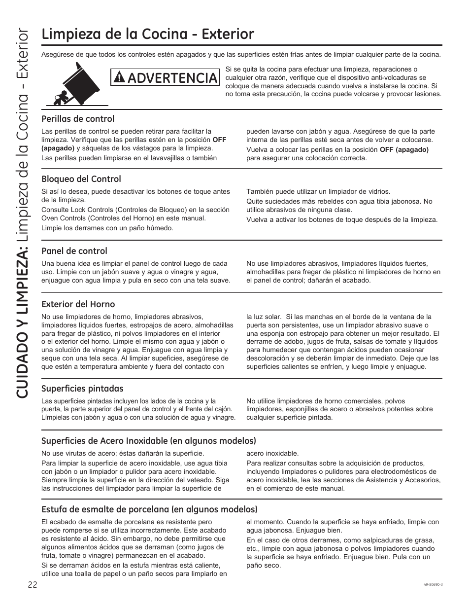 Limpieza de la cocina - exterior, Advertencia | GE JS750DFWW User Manual | Page 54 / 64