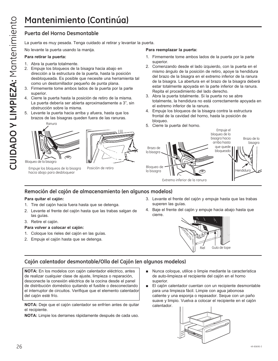 Cuidado y limpieza: mantenimiento, Mantenimiento (continúa), Puerta del horno desmontable | GE JS750DFWW User Manual | Page 58 / 64