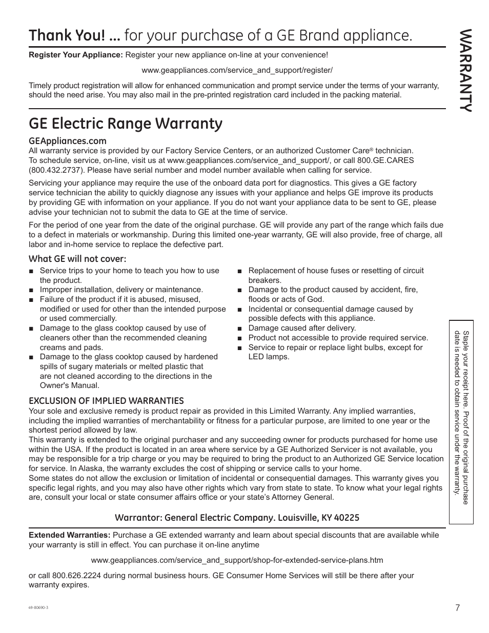 Wa rrant y, Ge electric range warranty | GE JS750DFWW User Manual | Page 7 / 64