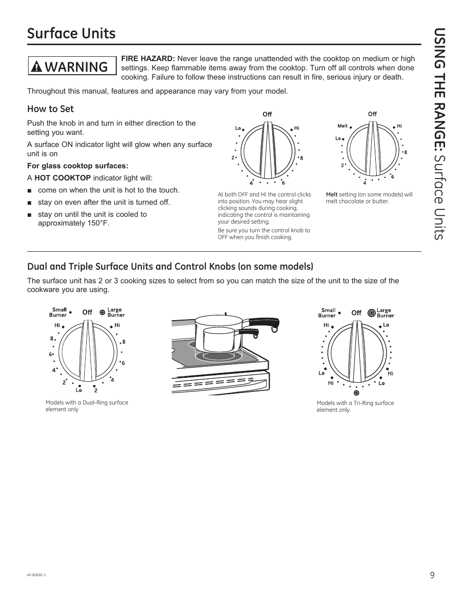 Using the range: s ur face units surface units, Warning | GE JS750DFWW User Manual | Page 9 / 64