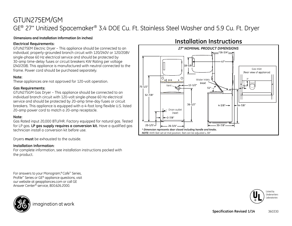 GE GTUN275GMWW User Manual | 3 pages