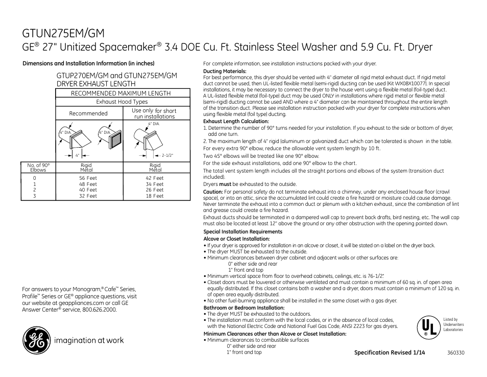 Gtun275em/gm, 27" unitized spacemaker | GE GTUN275GMWW User Manual | Page 2 / 3