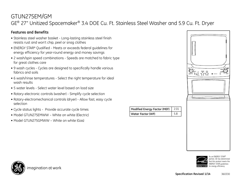 Gtun275em/gm, 27" unitized spacemaker | GE GTUN275GMWW User Manual | Page 3 / 3