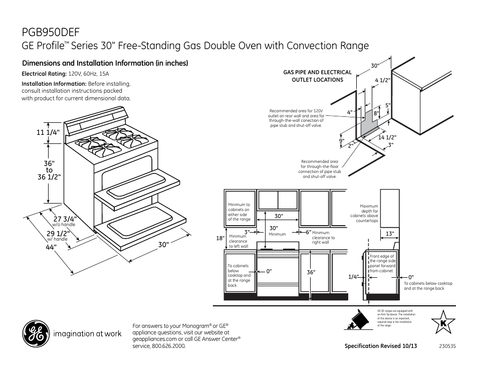 GE PGB950DEFWW User Manual | 2 pages