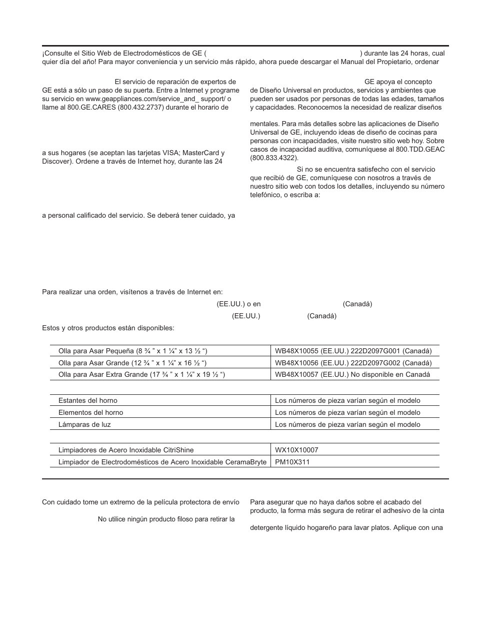 Asistencia / a c cesorios, Accesorios | GE JGB630DEFCC User Manual | Page 36 / 56