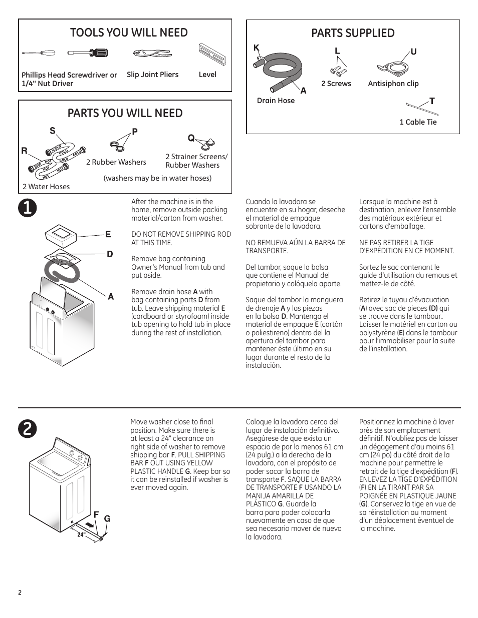 Parts supplied, Tools you will need, Parts you will need | GE GTWN4950FWW User Manual | Page 2 / 6