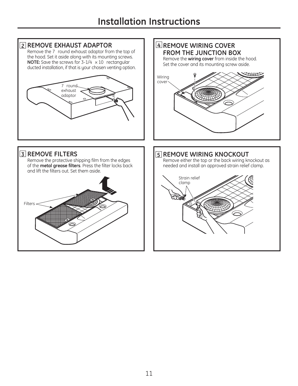 Installation instructions, 11 remove exhaust adaptor, Remove filters | Remove wiring knockout | GE JV536HSS User Manual | Page 11 / 40