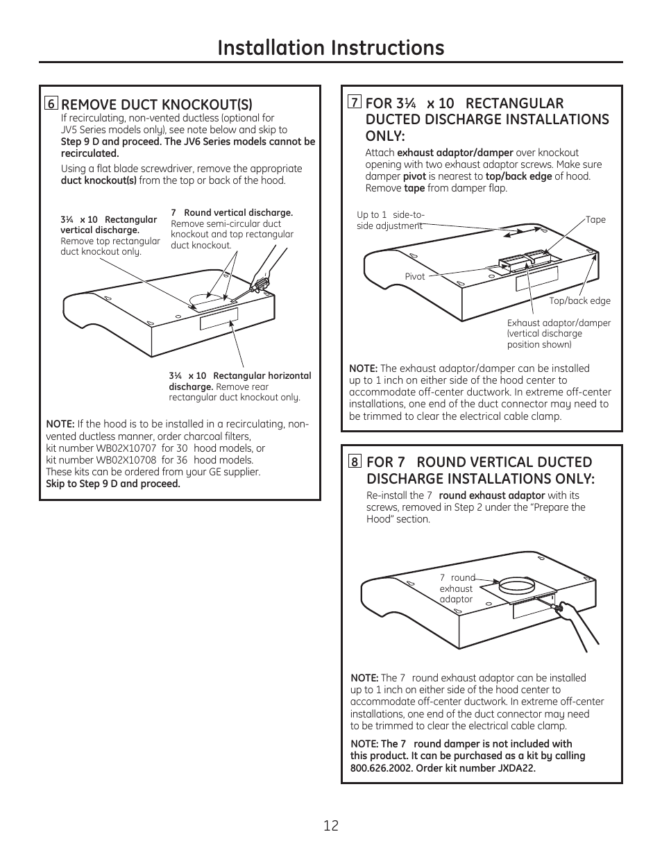 Installation instructions, Remove duct knockout(s), For 3 | GE JV536HSS User Manual | Page 12 / 40
