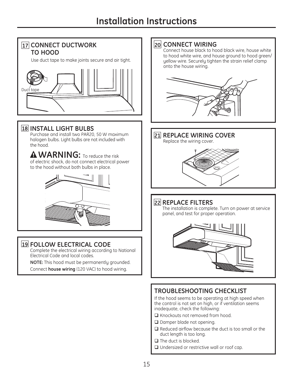 Installation instructions, Warning | GE JV536HSS User Manual | Page 15 / 40