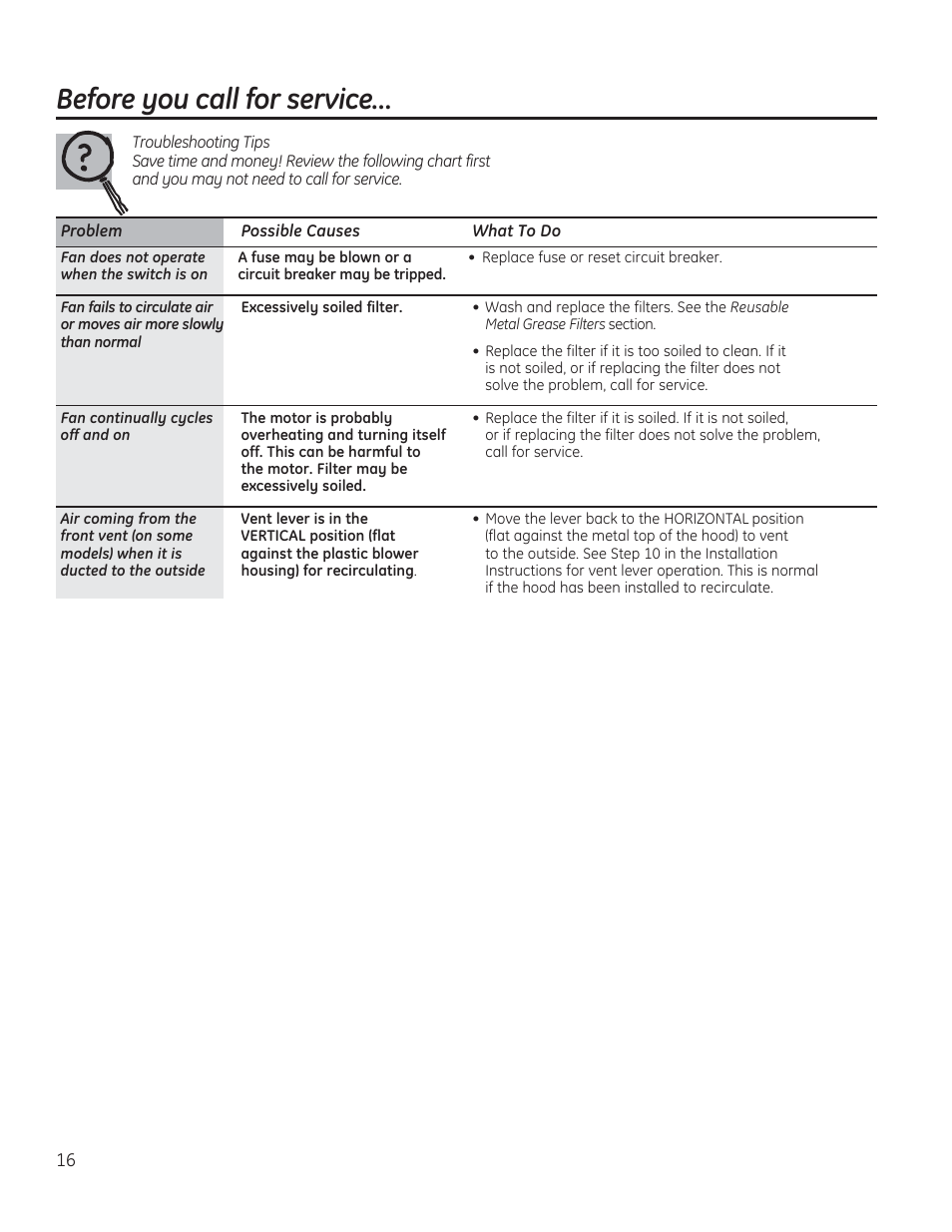 Before you call for service | GE JV536HSS User Manual | Page 16 / 40