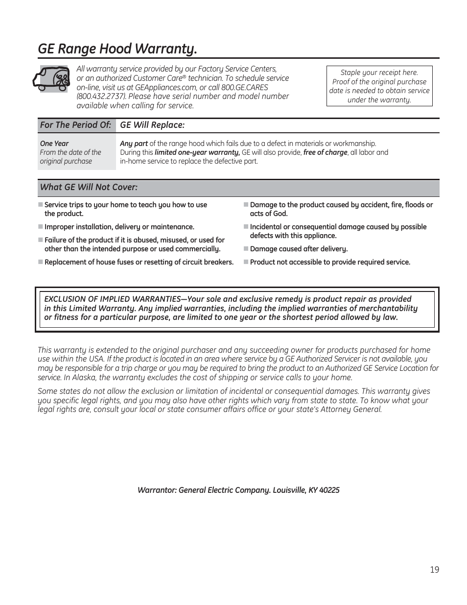 Ge range hood warranty | GE JV536HSS User Manual | Page 19 / 40